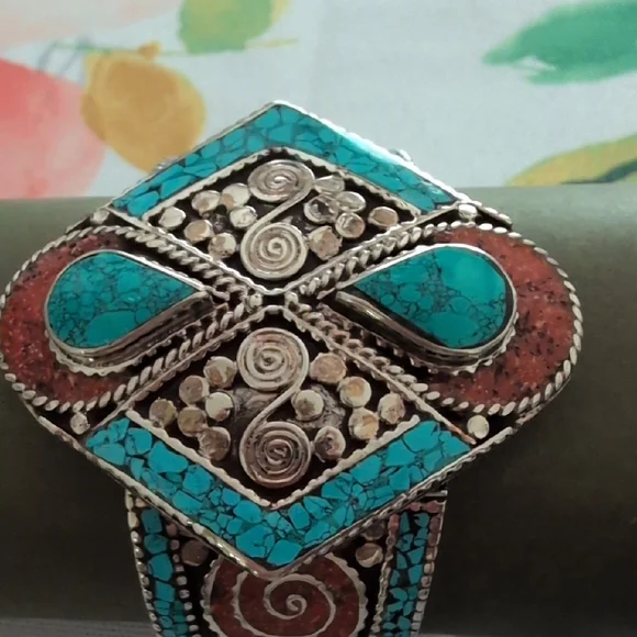 Turquoise and Coral Stone Tibetan Silver Bracelet - Picture 2 of 11